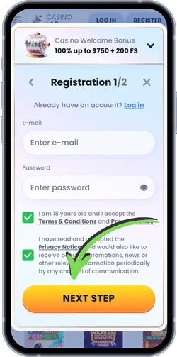 Casino sign-up form with email, password and age checkbox