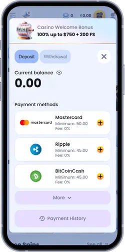 Deposit page: Mastercard, Ripple, Bitcoin Cash, min $6–$45