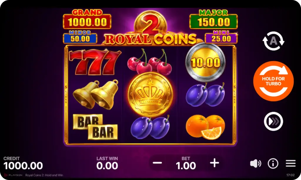 Royal Coins 2 Hold and Win slot base game showing 5x3 grid with jackpot meters Grand, Major, Minor and Mini