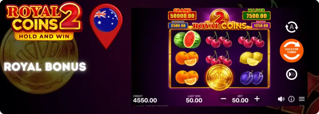 Royal Coins 2 Hold and Win Royal Bonus symbol on reel 2 during base game
