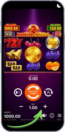 Royal Coins 2 slot – bet 1.00, turbo spin button