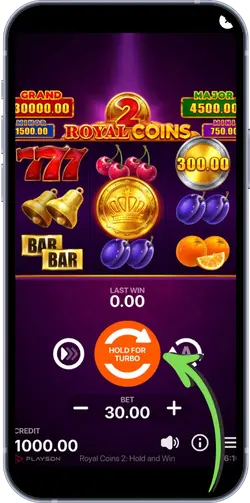 Royal Coins 2 slot screen – bet 30.00, hold turbo highlighted